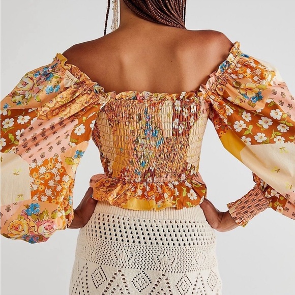 Spell x Free People Freda Shirred XS Yellow Organic Cotton Patchwork Smocked Top - Picture 13 of 16